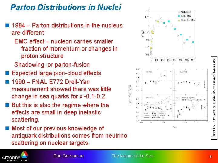 Parton Distributions in Nuclei Don Geesaman The Nature of the Sea Alde et al