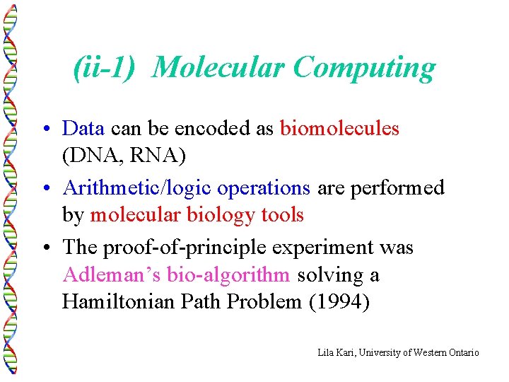 (ii-1) Molecular Computing • Data can be encoded as biomolecules (DNA, RNA) • Arithmetic/logic