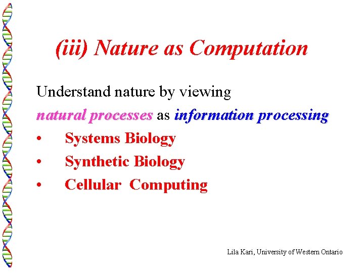 (iii) Nature as Computation Understand nature by viewing natural processes as information processing •