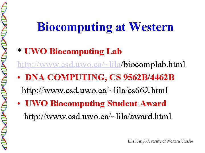 Biocomputing at Western * UWO Biocomputing Lab http: //www. csd. uwo. ca/~lila/biocomplab. html •