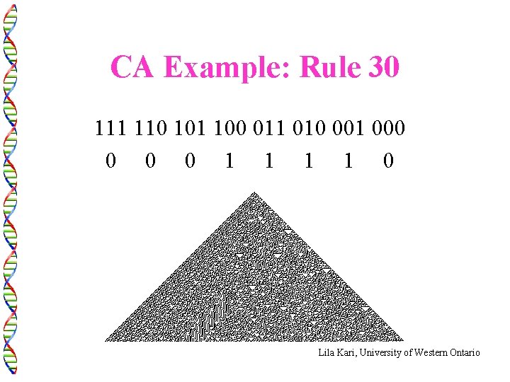 CA Example: Rule 30 111 110 101 100 011 010 001 000 0 1