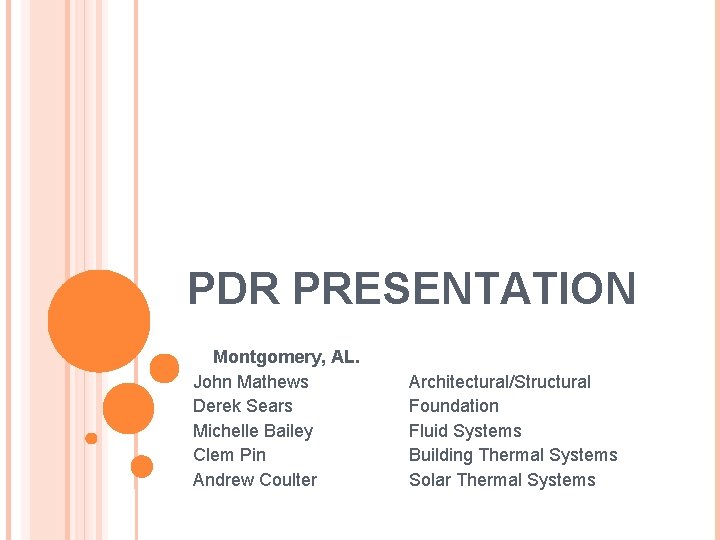 PDR PRESENTATION Montgomery, AL. John Mathews Derek Sears Michelle Bailey Clem Pin Andrew Coulter