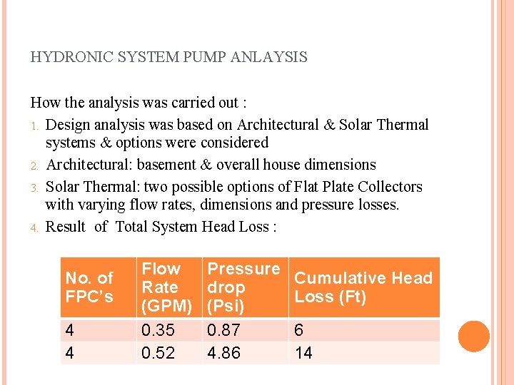 HYDRONIC SYSTEM PUMP ANLAYSIS How the analysis was carried out : 1. Design analysis