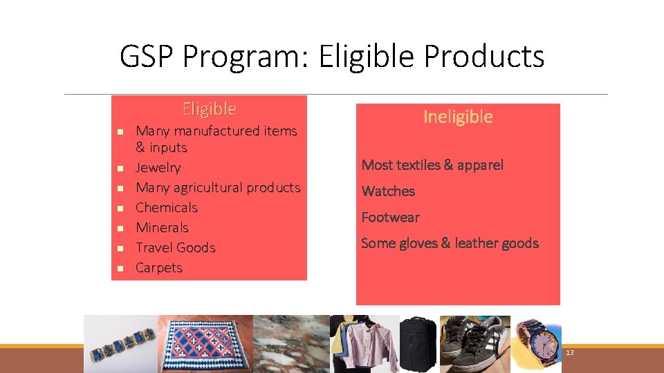 GSP Program: Eligible Products Eligible n n n n Many manufactured items & inputs