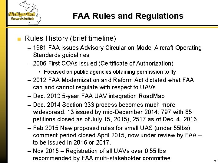 FAA Rules and Regulations Rules History (brief timeline) – 1981 FAA issues Advisory Circular