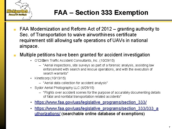 FAA – Section 333 Exemption FAA Modernization and Reform Act of 2012 – granting