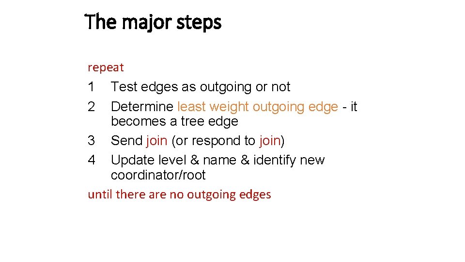 The major steps repeat 1 Test edges as outgoing or not 2 Determine least