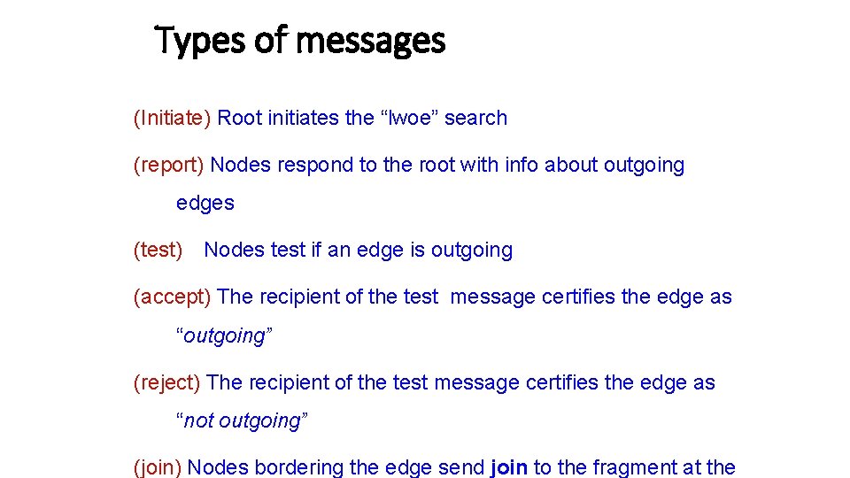 Types of messages (Initiate) Root initiates the “lwoe” search (report) Nodes respond to the