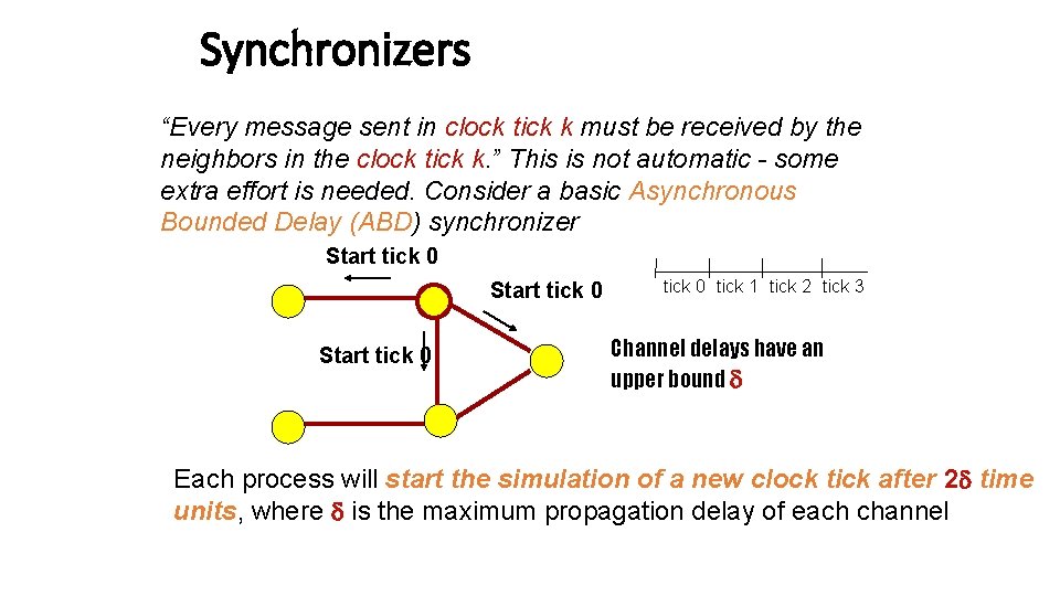 Synchronizers “Every message sent in clock tick k must be received by the neighbors