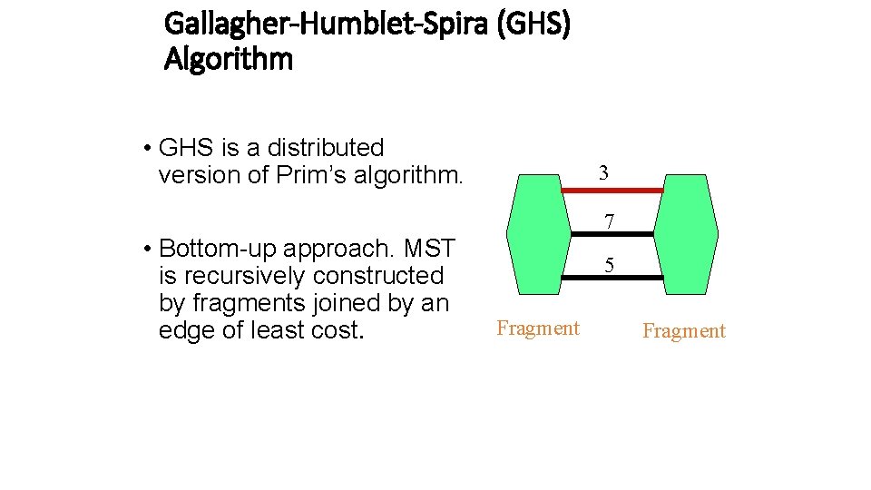 Gallagher-Humblet-Spira (GHS) Algorithm • GHS is a distributed version of Prim’s algorithm. • Bottom-up