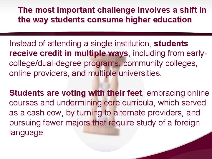 The most important challenge involves a shift in the way students consume higher education The most important challenge involves a shift in the way students consume higher education