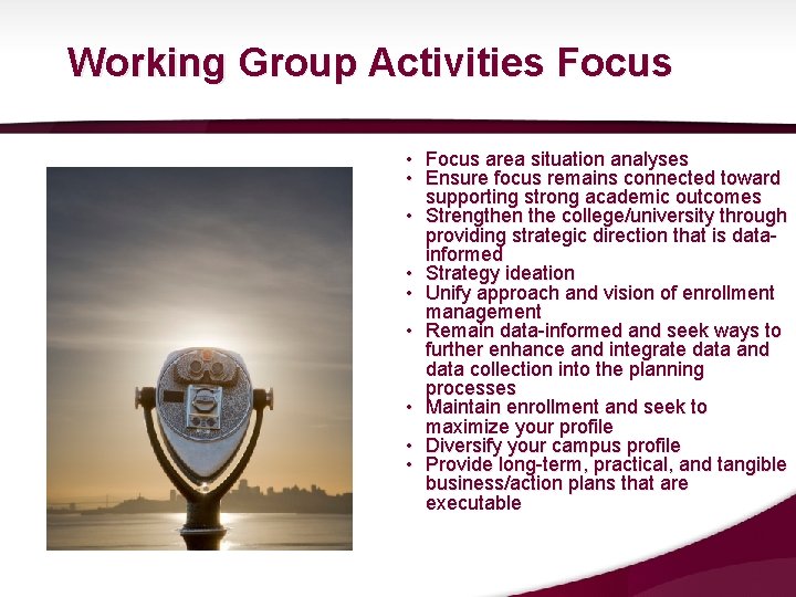 Working Group Activities Focus • Focus area situation analyses • Ensure focus remains connected Working Group Activities Focus • Focus area situation analyses • Ensure focus remains connected