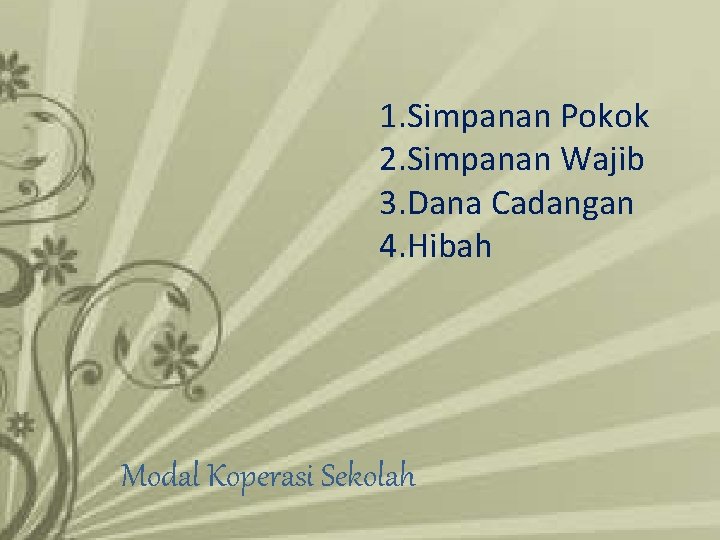 1. Simpanan Pokok 2. Simpanan Wajib 3. Dana Cadangan 4. Hibah Modal Koperasi Sekolah