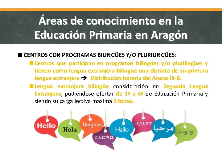 Áreas de conocimiento en la Educación Primaria en Aragón CENTROS CON PROGRAMAS BILINGÜES Y/O