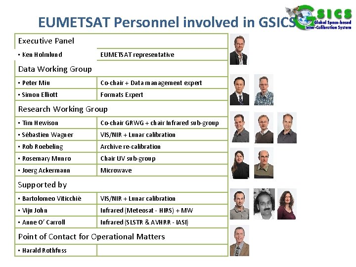 EUMETSAT Personnel involved in GSICS Executive Panel • Ken Holmlund EUMETSAT representative Data Working
