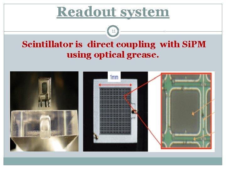 Readout system 11 Scintillator is direct coupling with Si. PM using optical grease. 