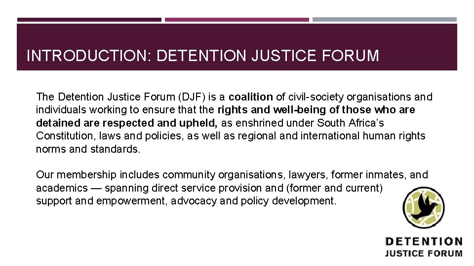 INTRODUCTION: DETENTION JUSTICE FORUM The Detention Justice Forum (DJF) is a coalition of civil-society