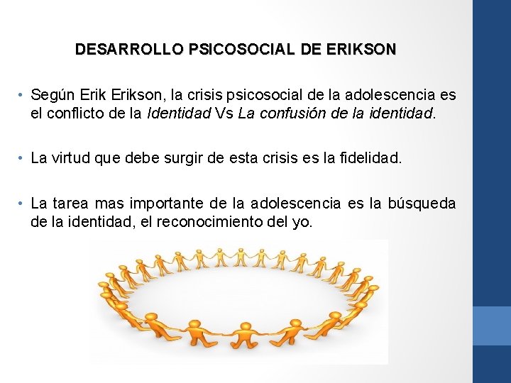 DESARROLLO PSICOSOCIAL DE ERIKSON • Según Erikson, la crisis psicosocial de la adolescencia es