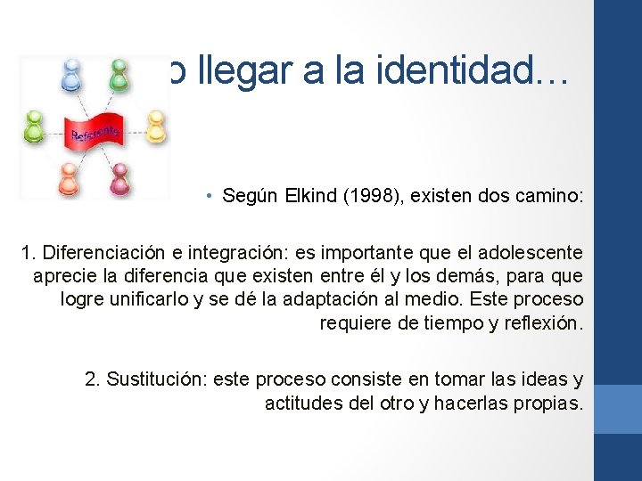 Como llegar a la identidad… • Según Elkind (1998), existen dos camino: 1. Diferenciación