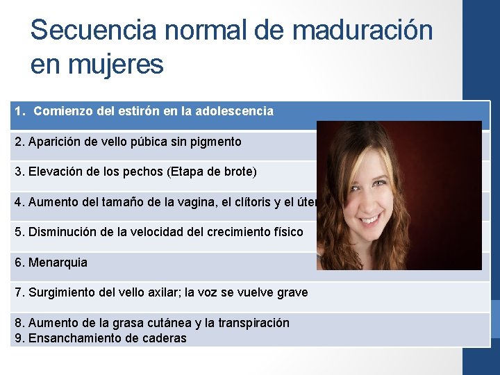 Secuencia normal de maduración en mujeres 1. Comienzo del estirón en la adolescencia 2.