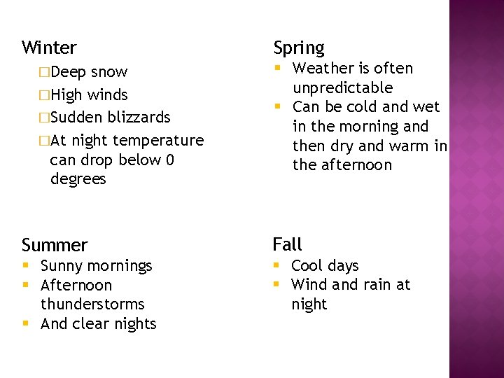 Winter �Deep snow �High winds �Sudden blizzards �At night temperature can drop below 0