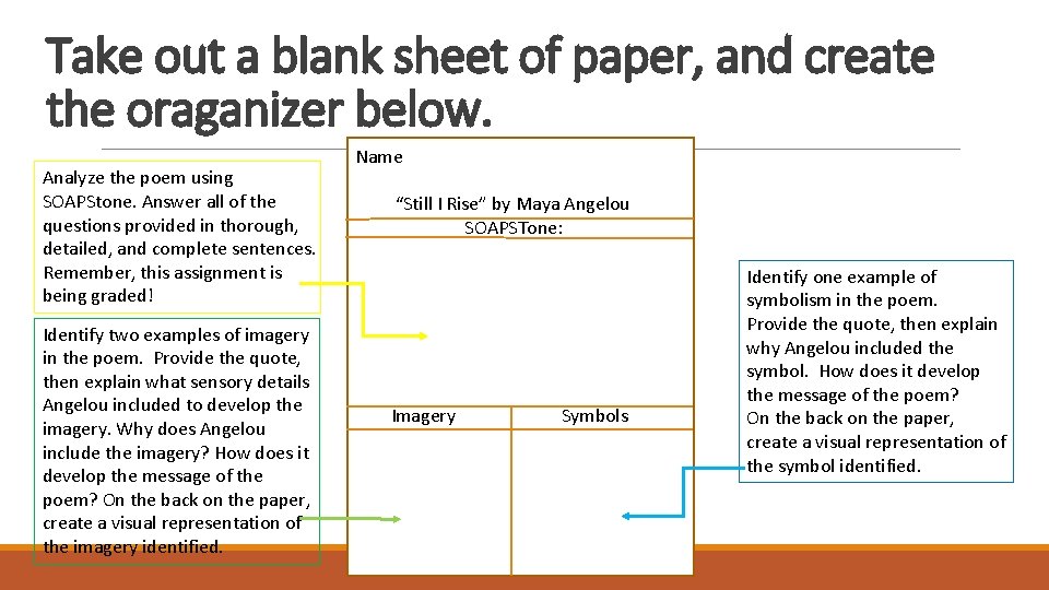 Take out a blank sheet of paper, and create the oraganizer below. Analyze the