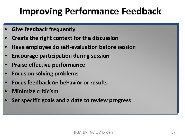 Improving Performance Feedback • • • Give feedback frequently Create the right context for
