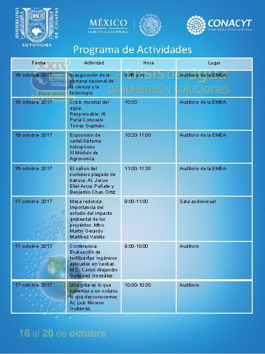 Programa de Actividades Fecha Actividad Hora Lugar 16 -octubre- 2017 Inauguración de la semana