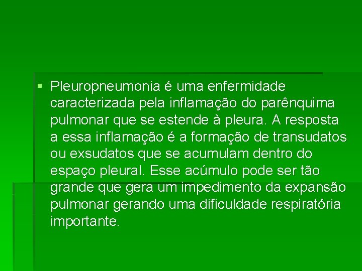 § Pleuropneumonia é uma enfermidade caracterizada pela inflamação do parênquima pulmonar que se estende