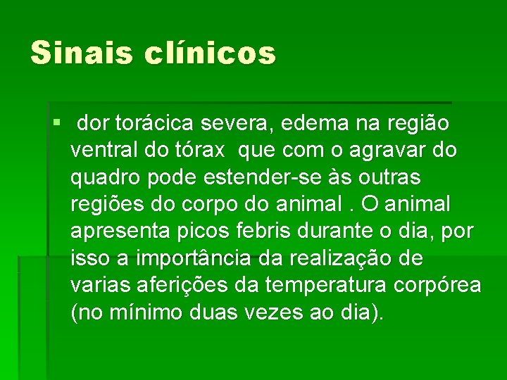 Sinais clínicos § dor torácica severa, edema na região ventral do tórax que com