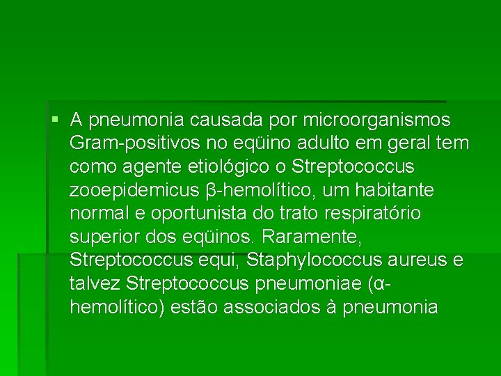 § A pneumonia causada por microorganismos Gram-positivos no eqüino adulto em geral tem como