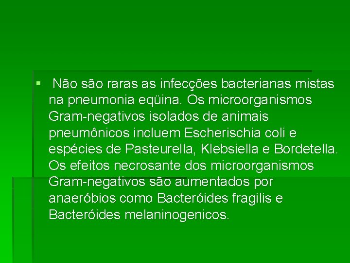 § Não são raras as infecções bacterianas mistas na pneumonia eqüina. Os microorganismos Gram-negativos