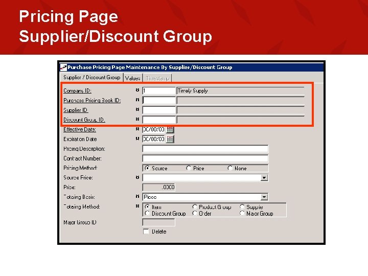 Pricing Page Supplier/Discount Group 