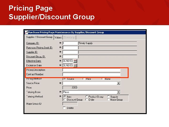 Pricing Page Supplier/Discount Group 