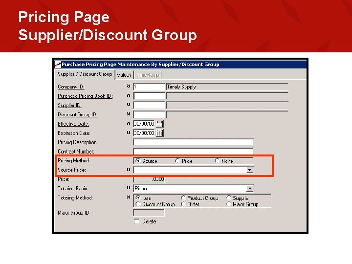 Pricing Page Supplier/Discount Group 