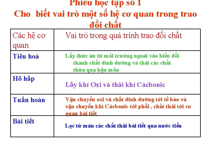 Phiếu học tập số 1 Cho biết vai trò một số hệ cơ quan