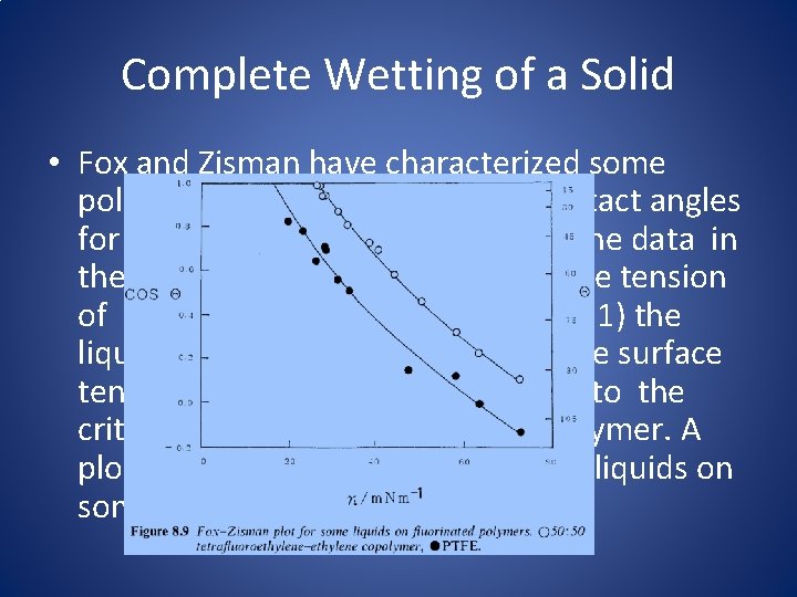Complete Wetting of a Solid • Fox and Zisman have characterized some polymer surfaces