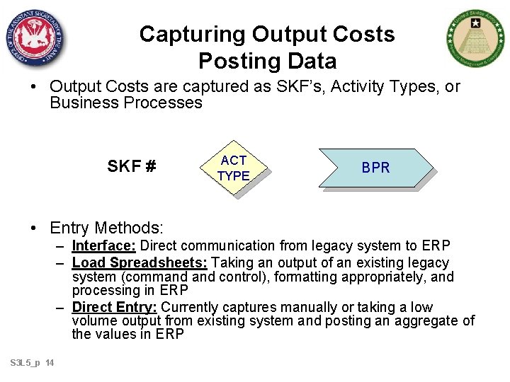 Capturing Output Costs Posting Data • Output Costs are captured as SKF’s, Activity Types,