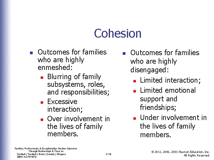 Cohesion n Outcomes for families who are highly enmeshed: n Blurring of family subsystems,