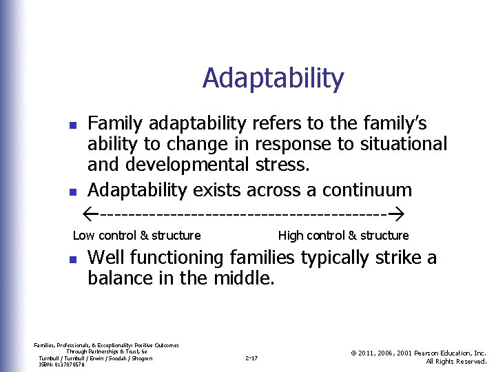 Adaptability Family adaptability refers to the family’s ability to change in response to situational