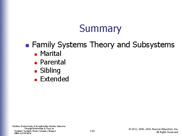 Summary n Family Systems Theory and Subsystems n n Marital Parental Sibling Extended Families,