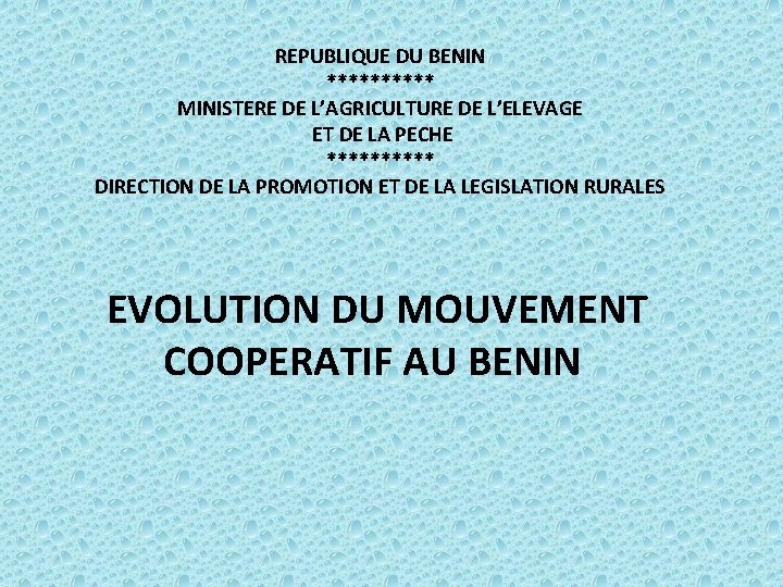 REPUBLIQUE DU BENIN ***** MINISTERE DE L’AGRICULTURE DE L’ELEVAGE ET DE LA PECHE *****