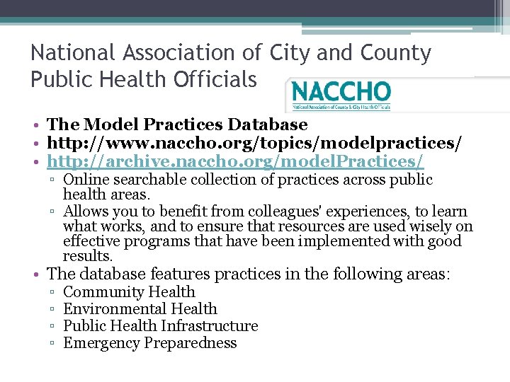 National Association of City and County Public Health Officials • The Model Practices Database
