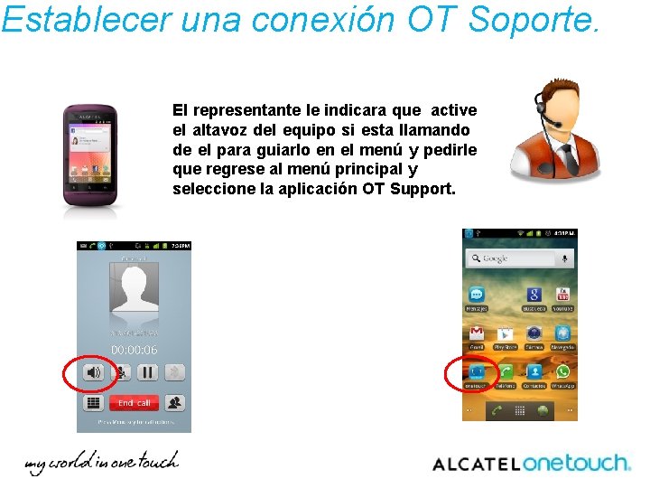 Establecer una conexión OT Soporte. El representante le indicara que active el altavoz del