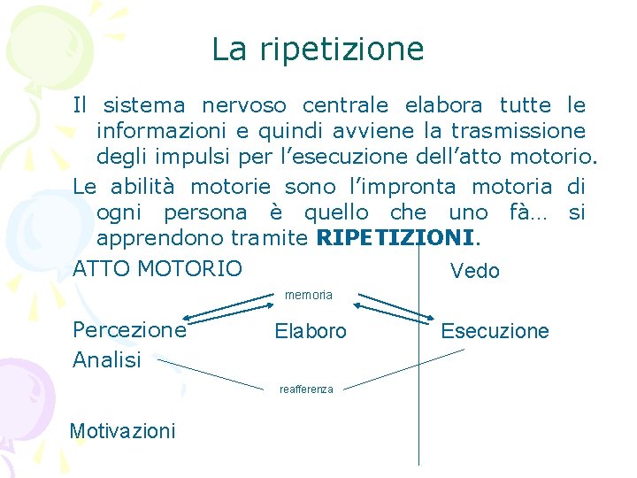 La ripetizione Il sistema nervoso centrale elabora tutte le informazioni e quindi avviene la