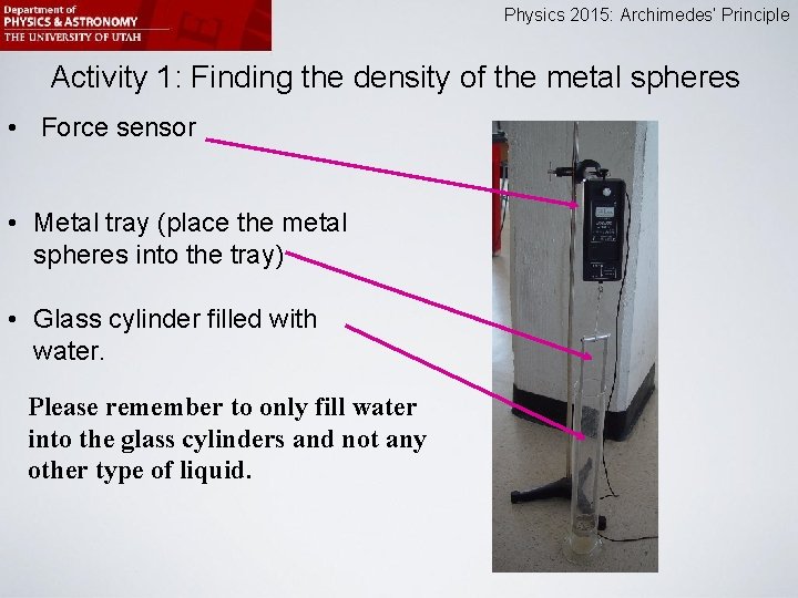 Physics 2015: Archimedes’ Principle Activity 1: Finding the density of the metal spheres •