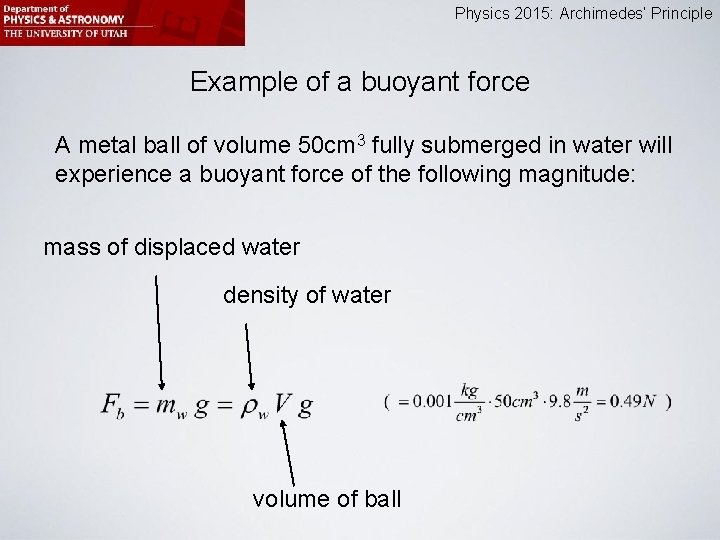 Physics 2015: Archimedes’ Principle Example of a buoyant force A metal ball of volume