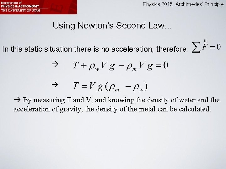 Physics 2015: Archimedes’ Principle Using Newton’s Second Law… In this static situation there is