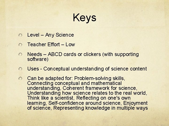 Keys Level – Any Science Teacher Effort – Low Needs – ABCD cards or Keys Level – Any Science Teacher Effort – Low Needs – ABCD cards or