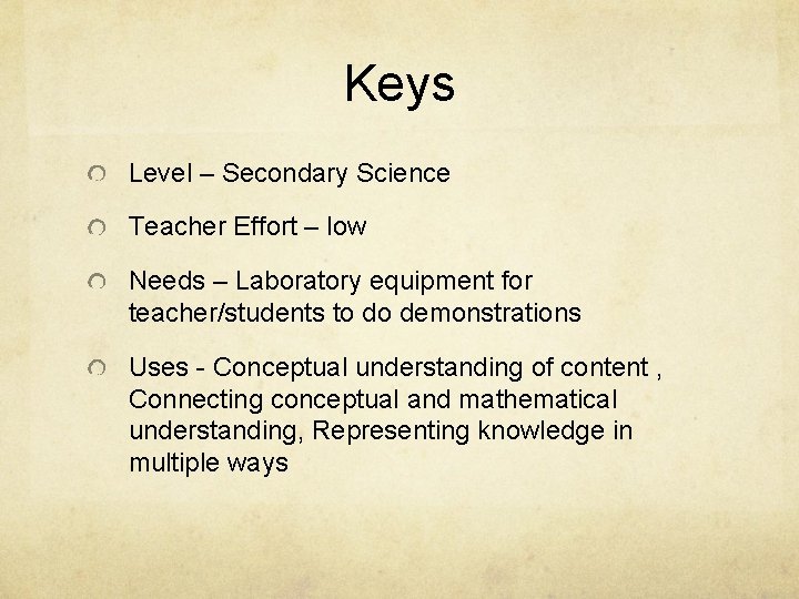 Keys Level – Secondary Science Teacher Effort – low Needs – Laboratory equipment for